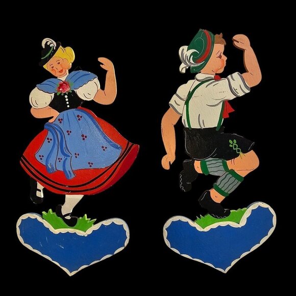 Handmade German 10" Oil-Painted Wooden Wall Decor Figures Tyrolean Boy Girl 70s - Picture 1 of 7
